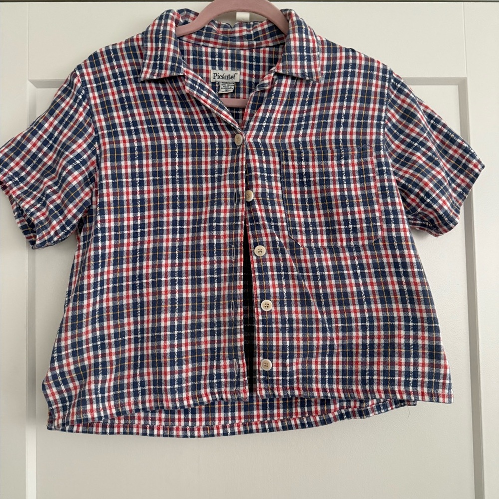 Plaid Linen Button Down Shirt - Red and Blue